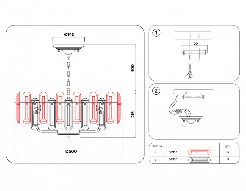 TR5304/8 GD/CL золото/прозрачный E14/8 max 40W D500*615